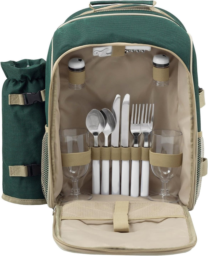 anndora Picknickrucksack mit Kühlfach grün + Zubehör 15 teilig - 2 Personen, Grün