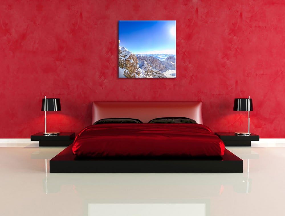 Zugspitze im Sonnenlicht, Format: 70x70 auf Leinwand, XXL riesige Bilder fertig gerahmt mit Keilrahm