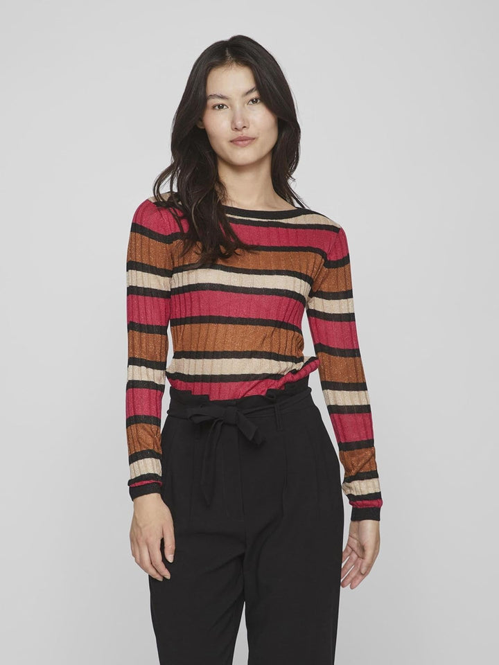 Vila Damen Viember New L/S Glitter Knit Top/Su Langarmshirt M Love Potion/Stripes:doeskin/Black/Cara