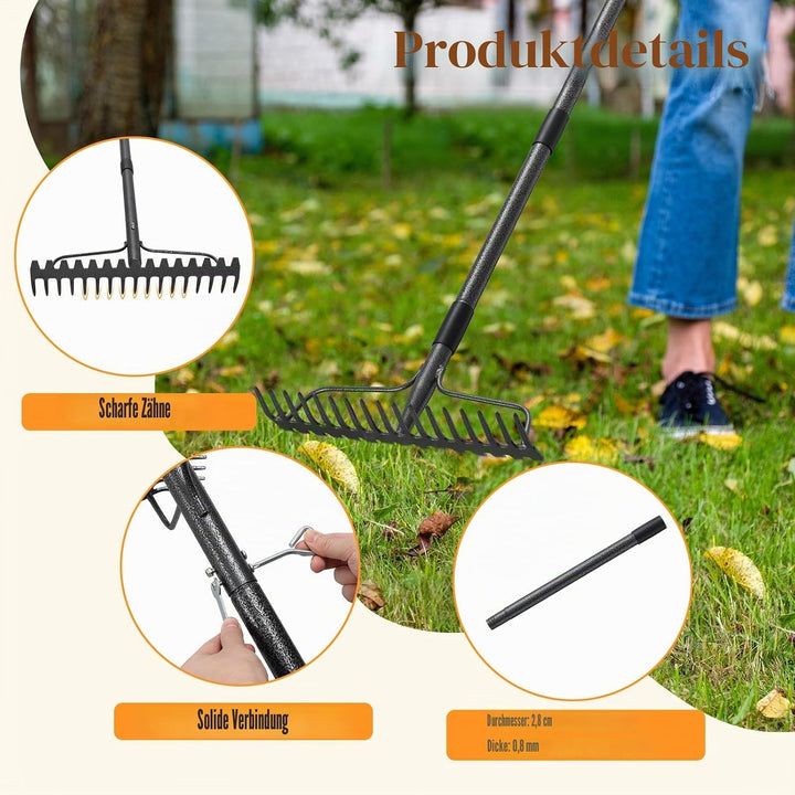 Garten Rechen, Metallharke mit 17 Zinken, Hochleistungs-Gartenharke 4 FT mit Edelstahlgriff, grau, 4