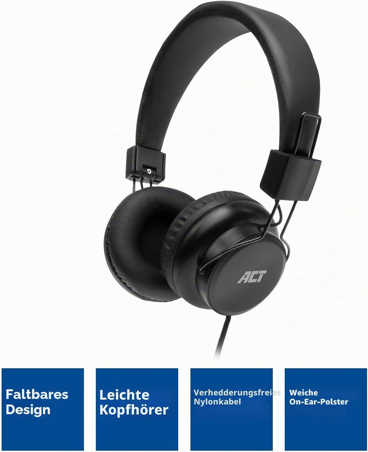 ACT Faltbarer Kopfhörer mit Kabel, On Ear Bugelkopfhörer, 3.5mm Klinkenstecker, Nylon Kabellänge 1.5
