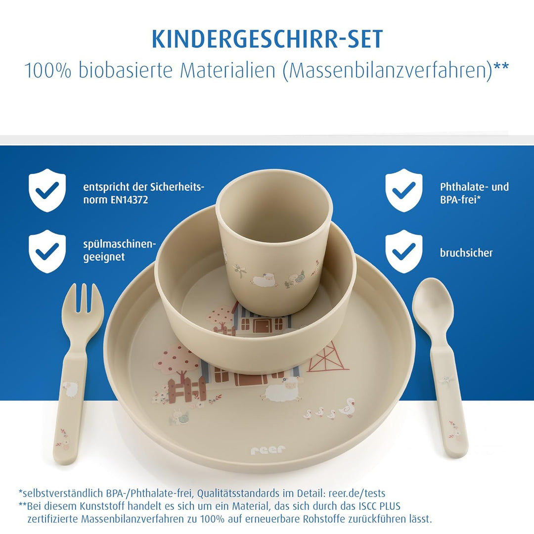 reer Kindergeschirr Set | Motiv: Little Farm | Biokunststoff-Geschirr für Kleinkinder aus 100% ISCC-