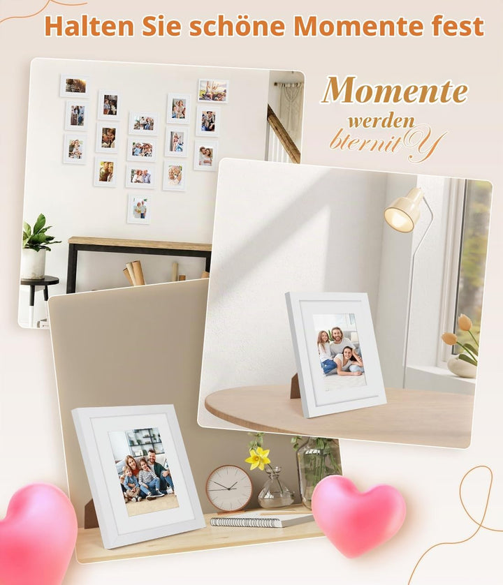 Bilderrahmen A4 4er Set, Weiss 21x29,7 cm Freistehende Fotorahmen mit Passepartout für 15x20 cm Foto