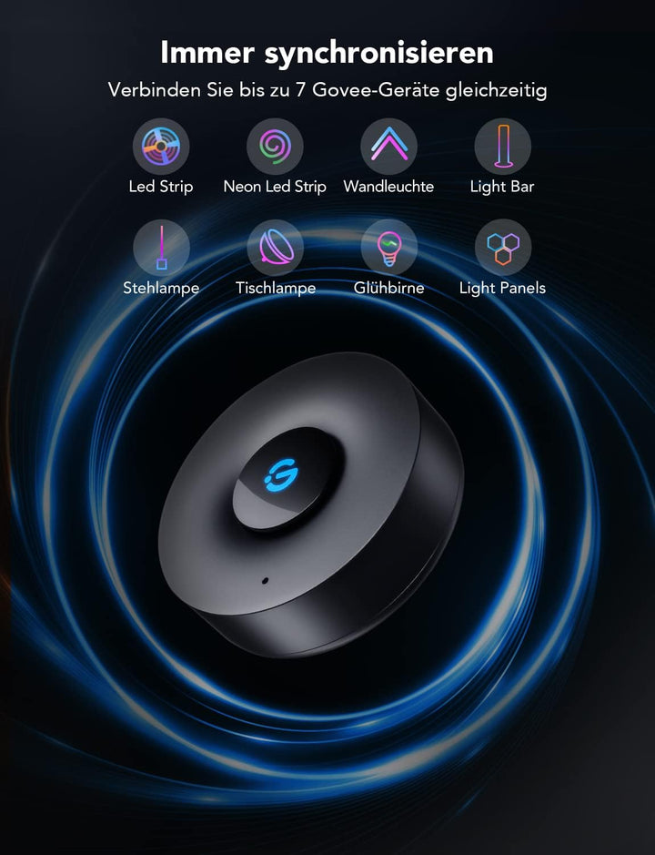 Govee Music Sync Box, Bluetooth-Gruppensteuerung für 7 Geräte, 22 dynamische Musikmodi, batteriebetr