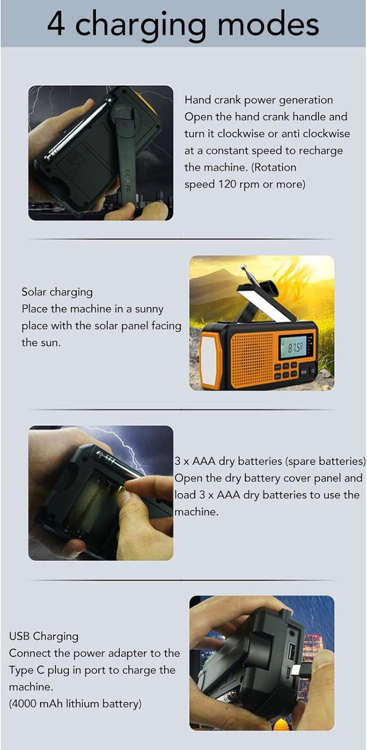 Notfall-Wetterradio, Kurbelradio, Solarradio, 4000-mAh-Wetterwarnradio, Solarladung, Handkurbel und