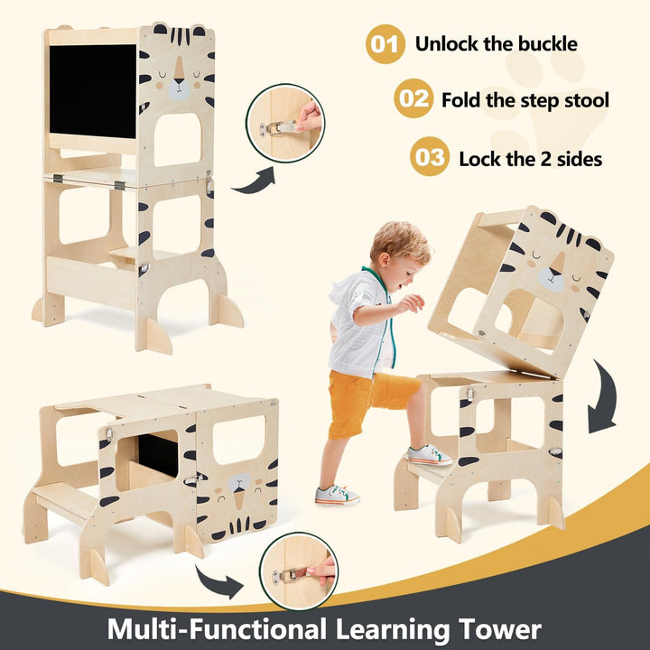 labebe lernturm für Kinder, klappbar Montessori Learning Tower, 3 in 1 lernstuhl Kinder mit Message