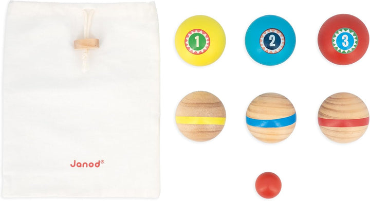 Janod - Pétanque-Spiel für Kinder Applepop - Geschicklichkeitsspiel - 6 Pétanque-Kugeln + 1 Zielkuge