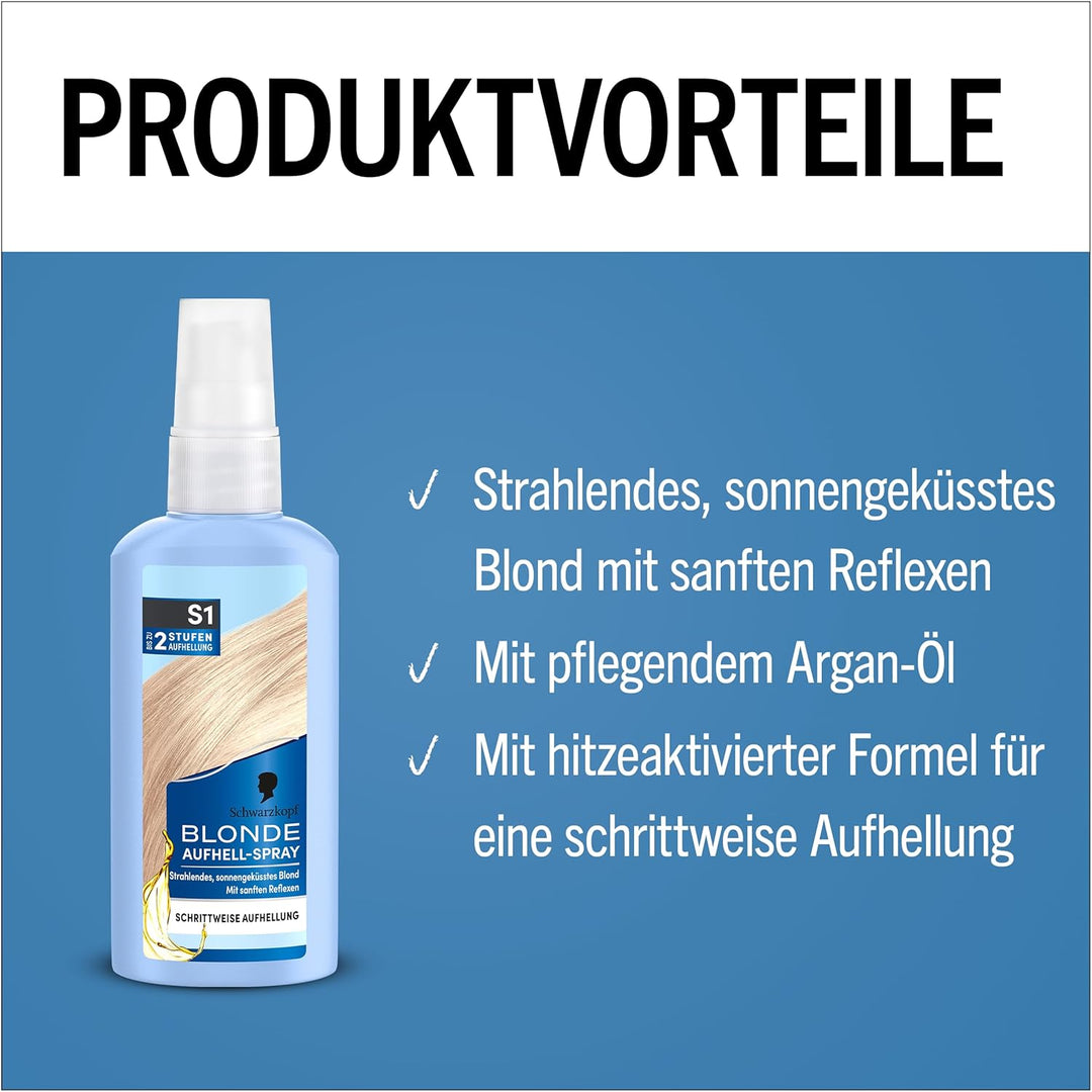 Schwarzkopf Blonde Aufheller S1 Stufe 3 (125 ml), Aufhellspray zum Haare aufhellen um bis zu 2 Stufe