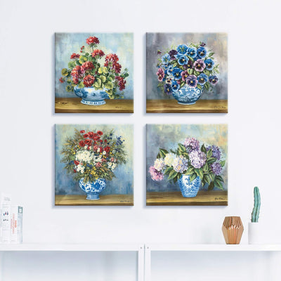 ARTLAND Leinwandbilder auf Holz Wandbild Bild Set 4 teilig je 40x40 cm Quadratisch Natur Blumen Male