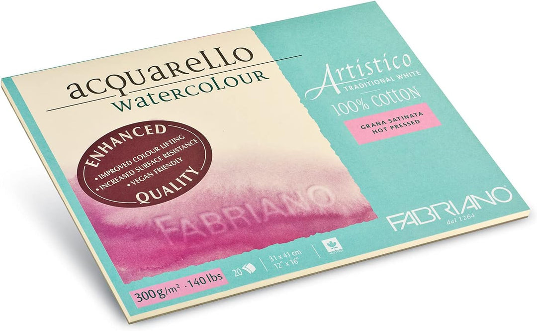 Fabriano Artistico Acquarello Watercolour, naturweiss, satiniert hot pressed, 30,5 x 45,5 cm, 20 Bla