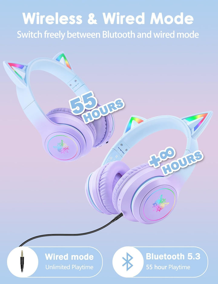 Bluetooth-Kopfhörer mit LED-Katzenohren – Kabelloses Over-Ear Headset mit Mikrofon, Hi-Fi Stereo-Sou