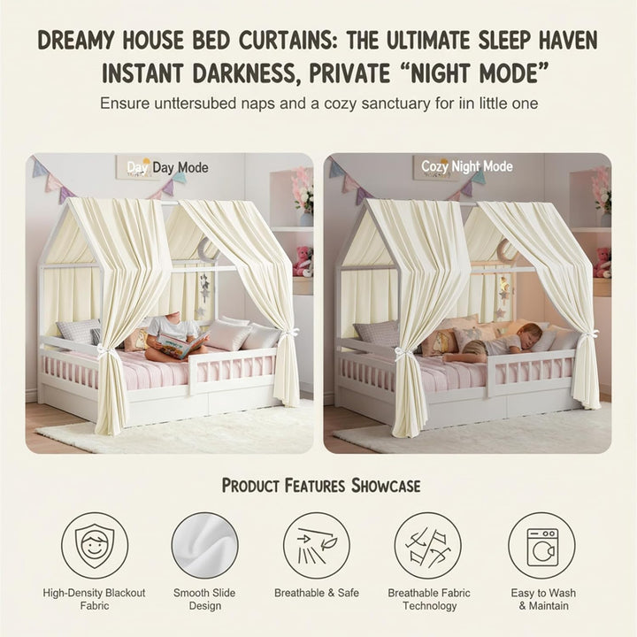 Beige Hausbett Himmel, 2 Stück Betthimmel Hausbett 270 x 67 cm, Himmelbett Vorhänge für Mädchen & Ju
