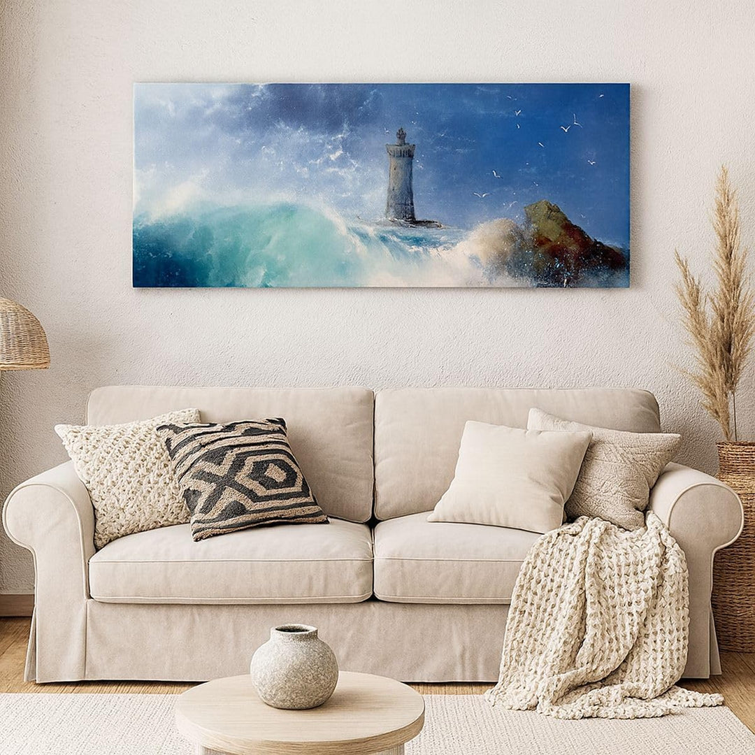 Wandbilder Dekoration Wohnzimmer Leuchtturm Meer Panorama Bilder auf Leinwand 120x50cm Leinwandbild
