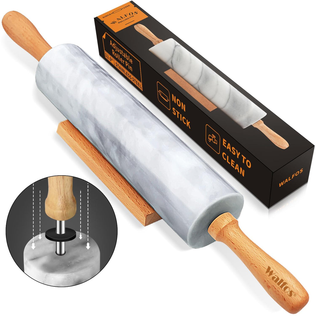 Walfos Nudelholz Marmor mit Holzgriffen & Holzwiege, 42cm Marmor-Nudelholz zur Herstellung von Pizza