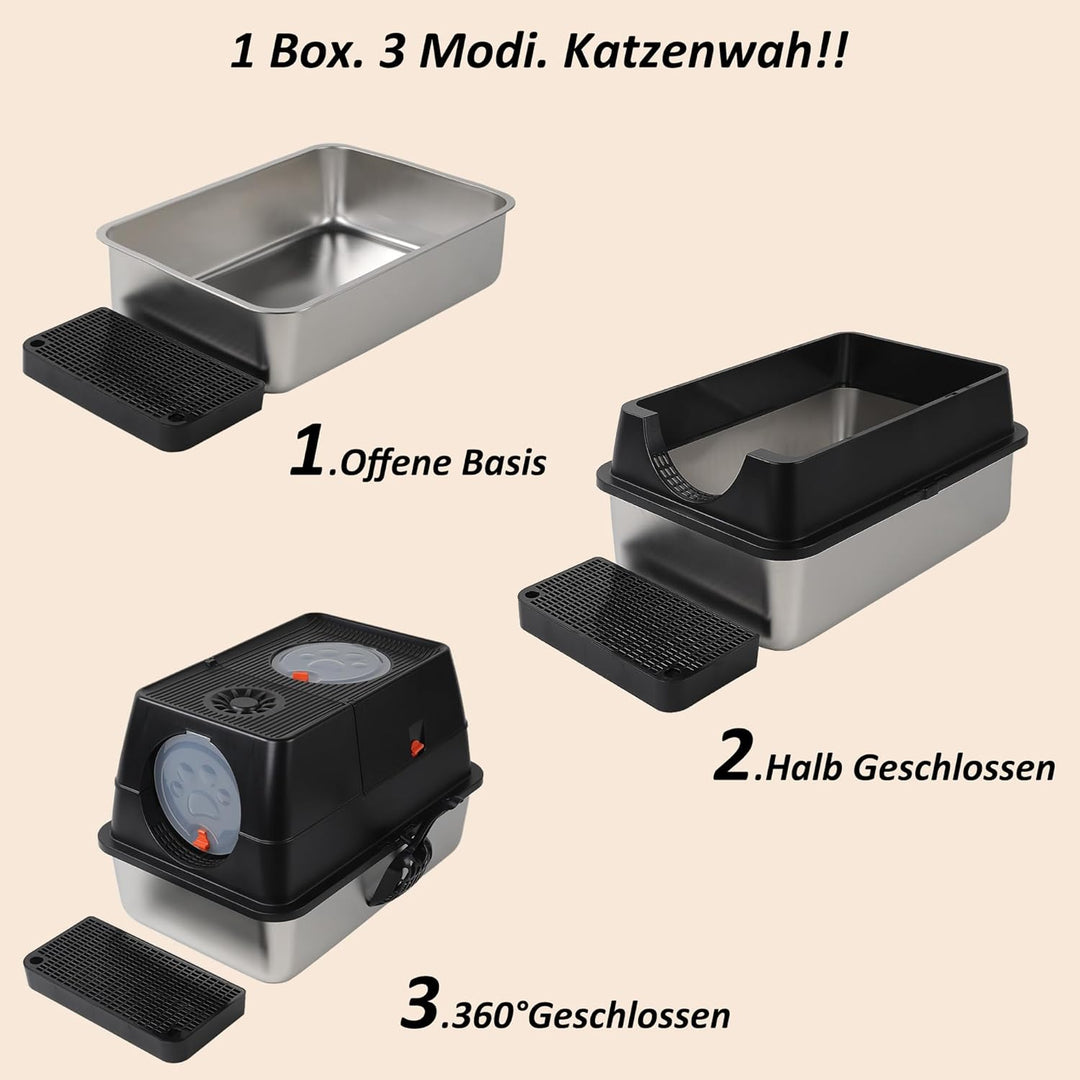 CALIYO Katzentoilette, Katzenklo Edelstahl mit Deckel, 3 in 1 Cat Litter Box, Katzenklo mit Schaufel