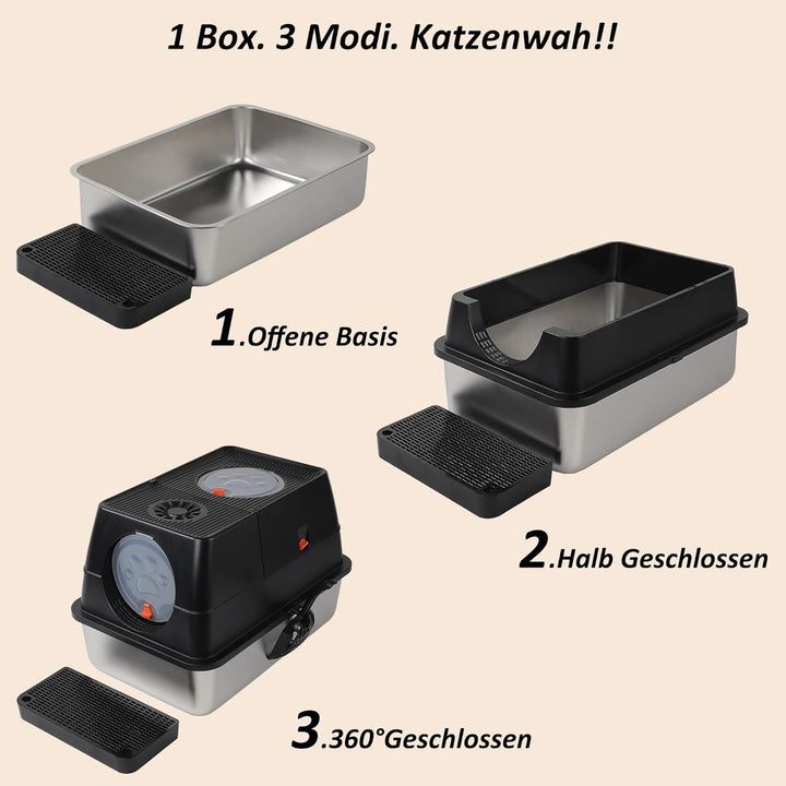 CALIYO Katzentoilette, Katzenklo Edelstahl mit Deckel, 3 in 1 Cat Litter Box, Katzenklo mit Schaufel