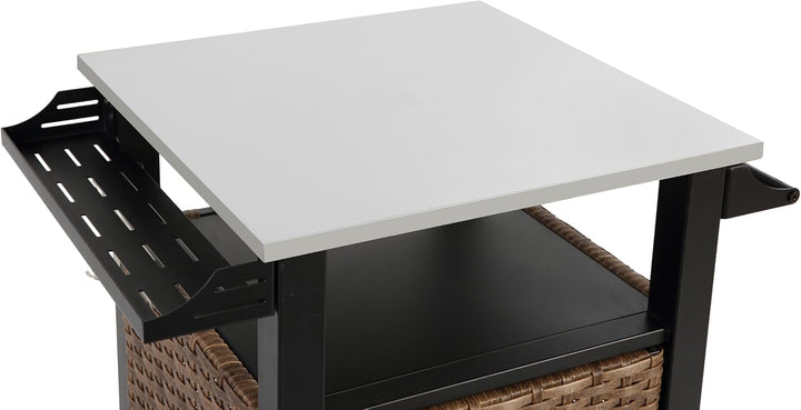 Rollbarer Rattan-Servierwagen mit ausziehbarer Edelstahl-Tischplatte, Kücheninsel für Outdoor mit Sc