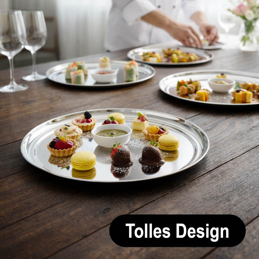com-four® 4X Servier-Tablett aus Edelstahl Ø 33 cm - rundes Gastro-Tablett - Edelstahl Servierplatte