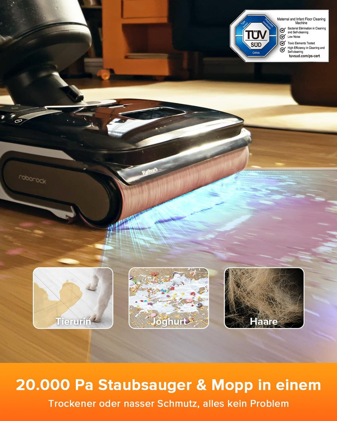 roborock F25 LT Nass Trockensauger, 180° Lay-Flat Saugwischer, 20.000 Pa Staubsauger, 90°C 5 Min Hoc
