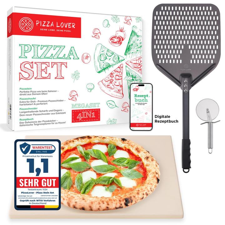 Pizza Lover Premium Pizzastein-Set für Backofen & Grill – 4in1 – inkl. perforiertem Pizzaschieber (h