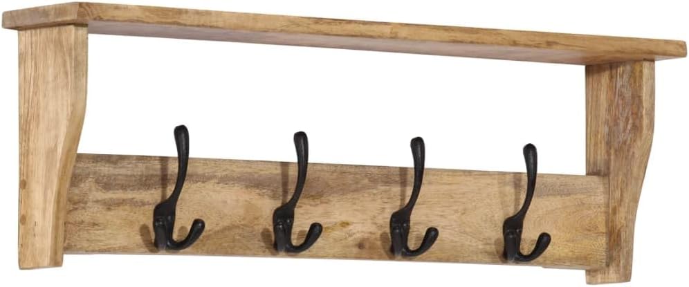 Hothingwell Wandgarderobe, Mangoholz, massiv, 4 Haken | Mit Regal, praktisches Design, tropisches Ha