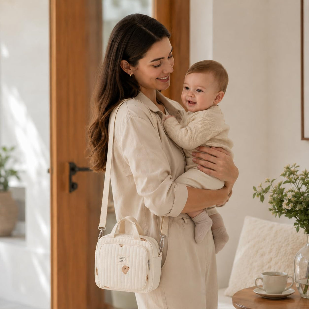 Diaper Bag, Diaper Bag Kleiner Bär, Mommy Bag, Small Quilted Tote with Detachable Adjustable Crossbo