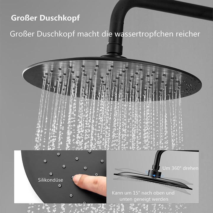 Duschsystem in Schwarz, Regendusche mit Handbrause, Verstellbare Duschstange, Thermostat-Mischbatter