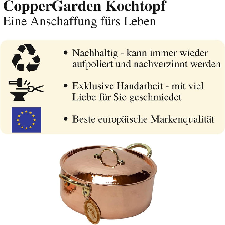 CopperGarden Kupfertopf mit Deckel + Griffen aus Messing I Gehämmerter Kupferkochtopf aus verzinntem