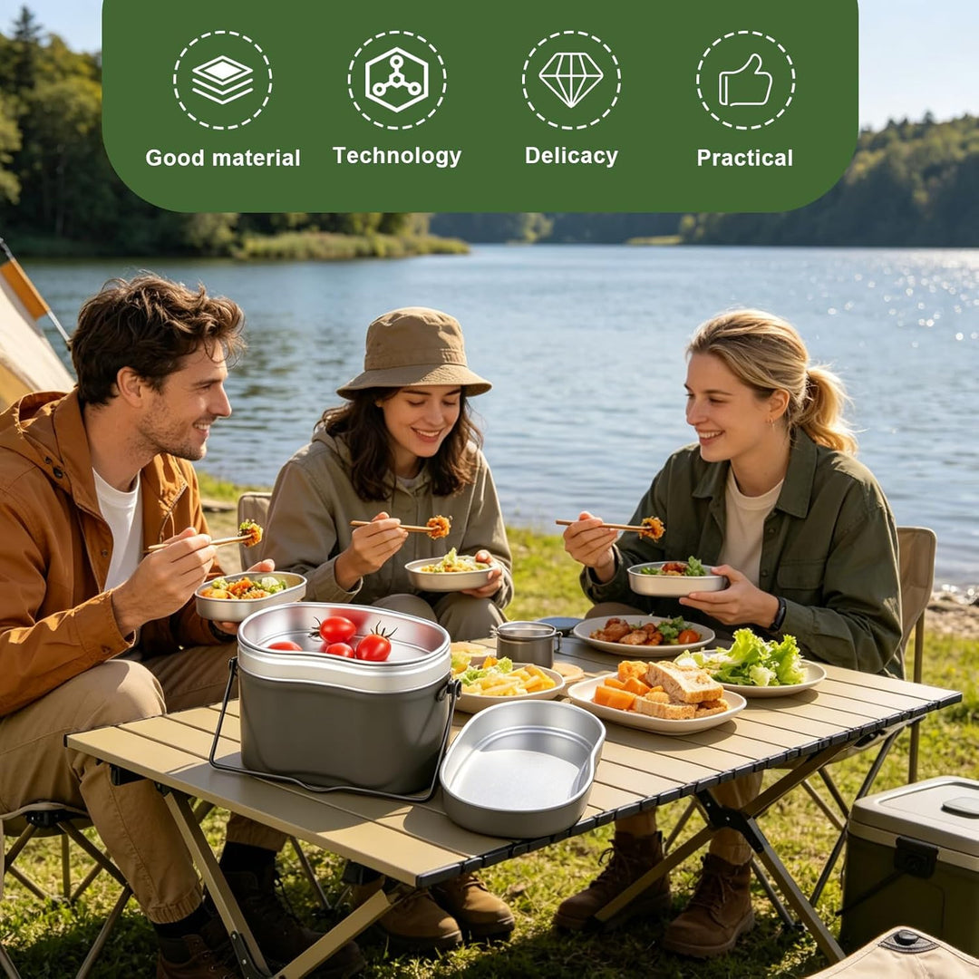 Camping Kochgeschirr Set, 5 STK Bundeswehr Essgeschirr aus Aluminium mit Faltbarer Messer, Gabel, Lö