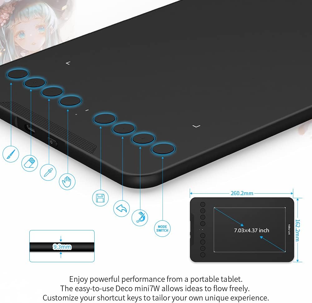 XP-PEN Deco Mini 7W Grafiktablett, 7,03''x4,38'' Pad, 2.4G Wireless Stift Tablett, zum Zeichnen, Des