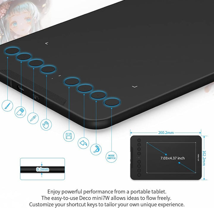 XP-PEN Deco Mini 7W Grafiktablett, 7,03''x4,38'' Pad, 2.4G Wireless Stift Tablett, zum Zeichnen, Des