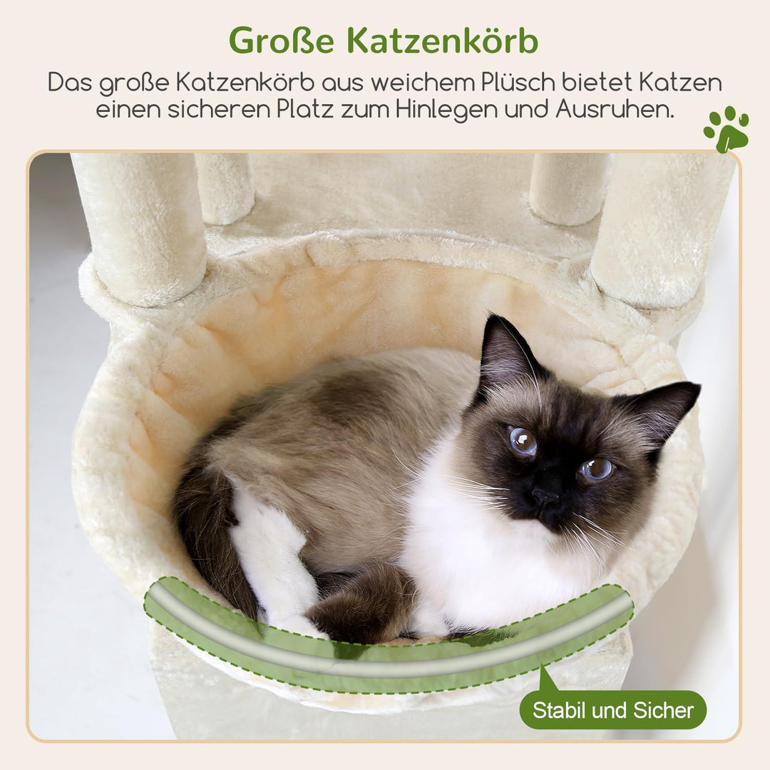 Globlazer Kratzbaum Beige für 3-5 Grosse Katzen 156 cm mit 2 Extragross Katzenhaus 45*40*35CM, Gross