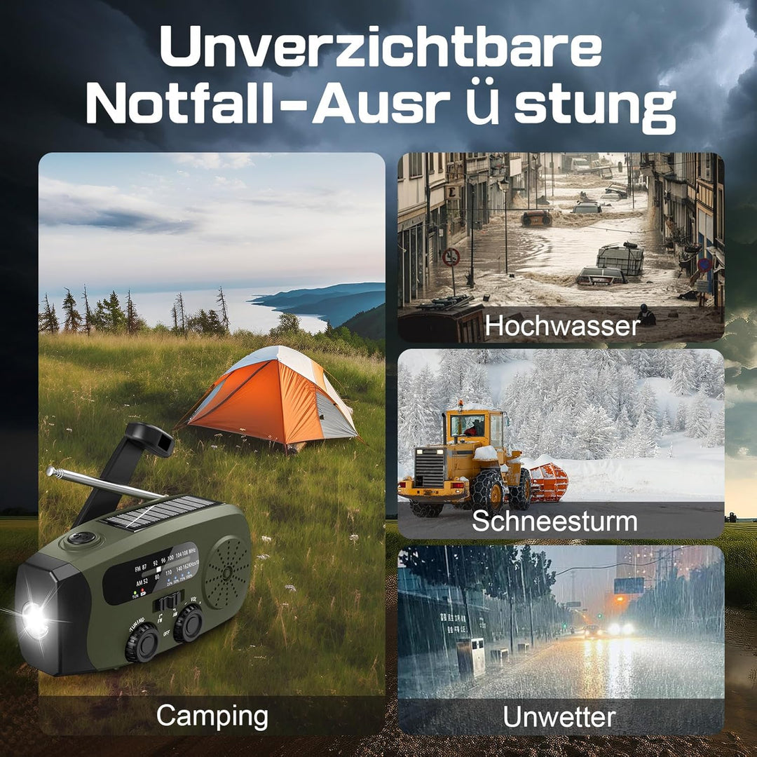 Notfall Kurbel Radio, 2000mAh/7400mWh Akku Kurbelradio Solar Batterie Power Bank USB AM/FM Radio mit