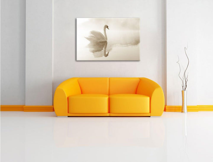 Weisser Schwan im Morgennebel Format: 100x70 auf Leinwand, XXL riesige Bilder fertig gerahmt mit Kei