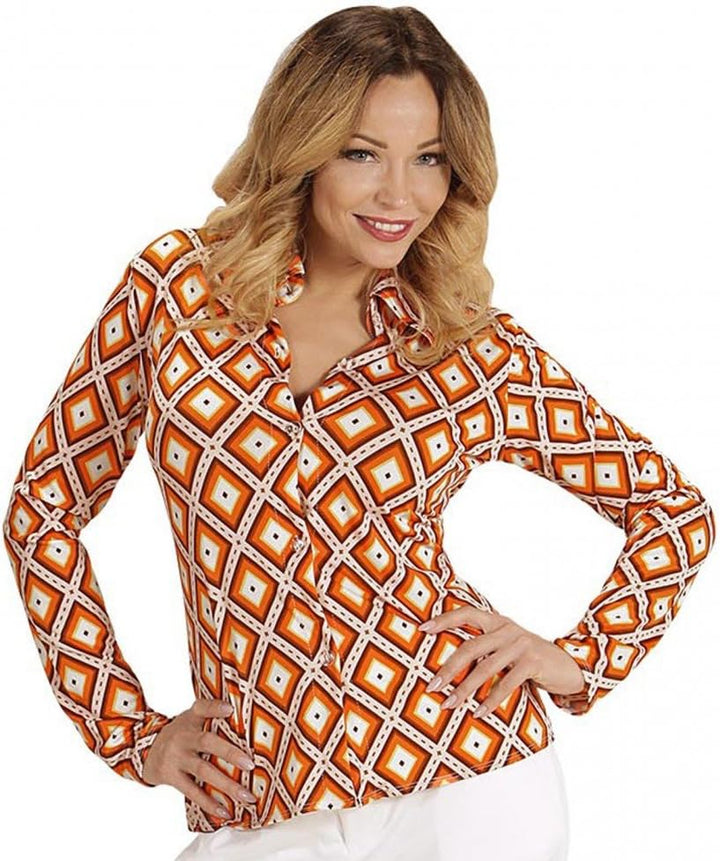 70er Jahre Retro Damen Bluse mit und ohne Muster Disco Kostüm Siebziger Oberteil Shirt L-XL Orange/G