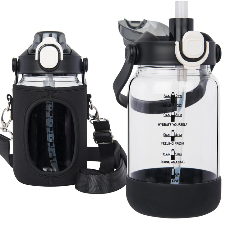 1l Trinkflasche Glas Flasche mit Strohhalm & Zeitmarkierung, 1 liter Wasserflasche mit Früchteinsatz