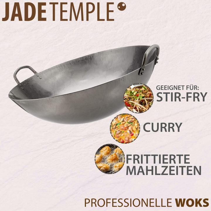 JADE TEMPLE Wok aus Carbonstahl, mit flachem Boden und 30 cm Durchmesser, mit rundem Holzgriff Durch
