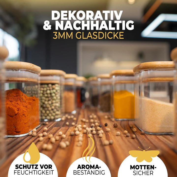 CLIDOR ® - Gewürzgläser Eckig - 12 x 160 ML ( innovative 3mm Glasdicke ) luftdichte Gewürzdosen - st