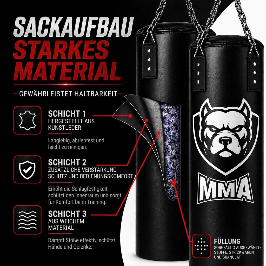 Boxsack Komplett-Set - Nachfüllbar Deckenbefestigung Boxbandagen &amp; Reflexball inklusive Hängender Pu