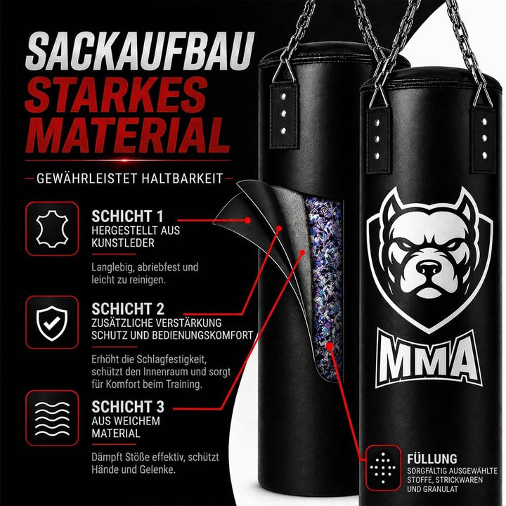 Boxsack Komplett-Set - Nachfüllbar Deckenbefestigung Boxbandagen &amp; Reflexball inklusive Hängender Pu