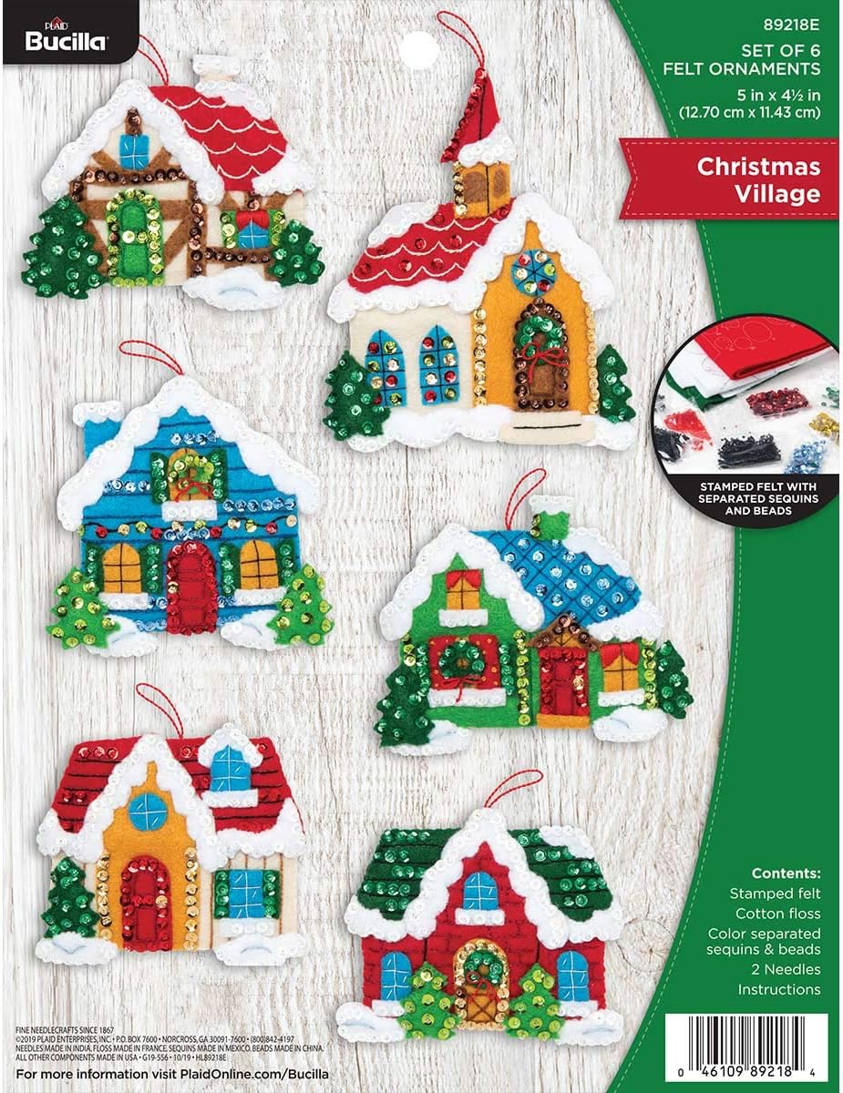 Kariertes Filz-Ornament-Set, Baumwolle, Weihnachtsdorf, Einheitsgrösse Ornamente, Ornamente