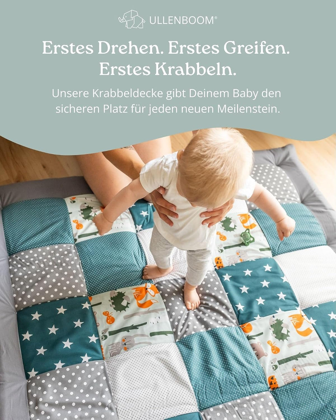 ULLENBOOM Krabbeldecke für Baby 100x100 cm - Dick und weich gepolstert Waldtiere Petrol 100 x 100 cm