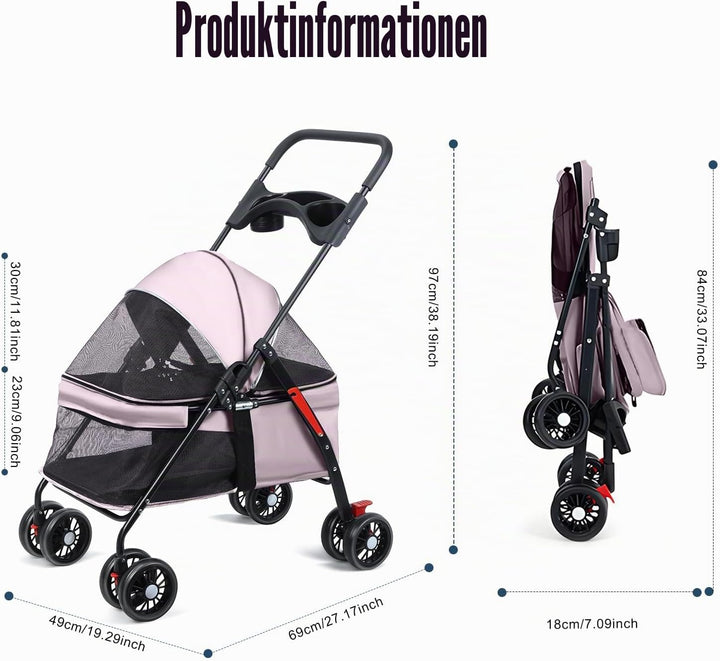 Kinderwagen für kleine Hunde und Katzen, faltbare Tragetasche, 360° drehbare Vorderräder, Anti-Relea