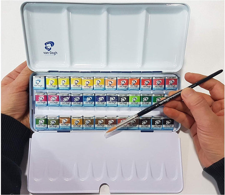 36 Näpfchen Feine Van Gogh Künstler Aquarellfarben im Metall Aquarellkasten incl. Pinsel und Mischpa