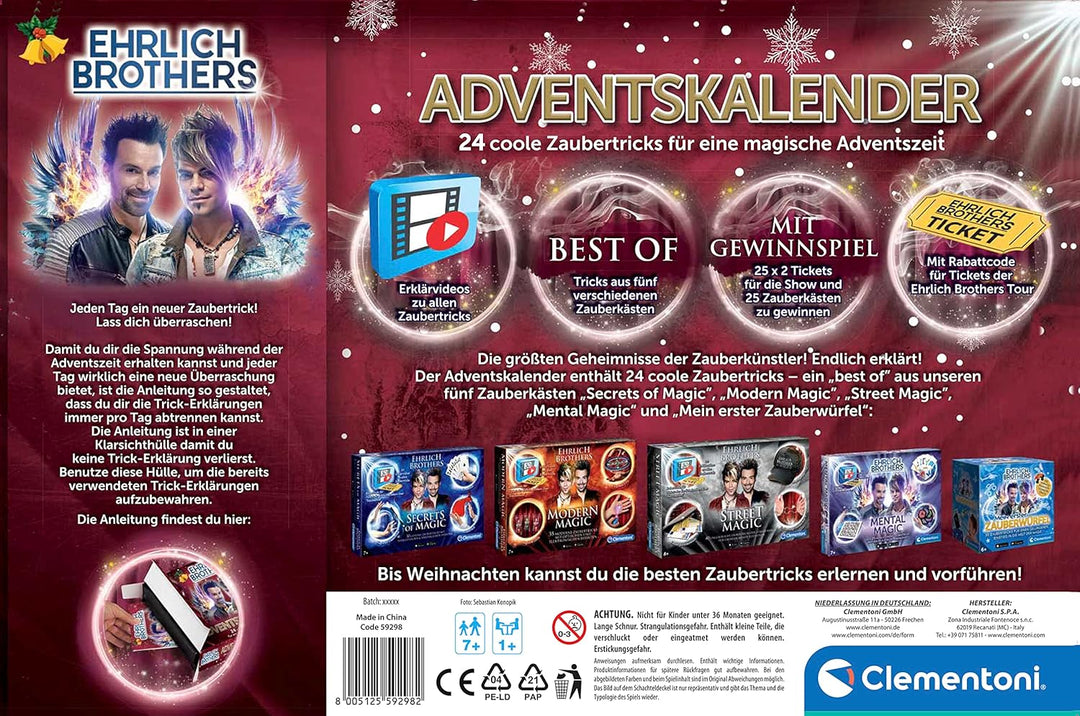 Clementoni Ehrlich Brothers Adventskalender 2023, magischer Weihnachtskalender, mit 24 coolen Zauber