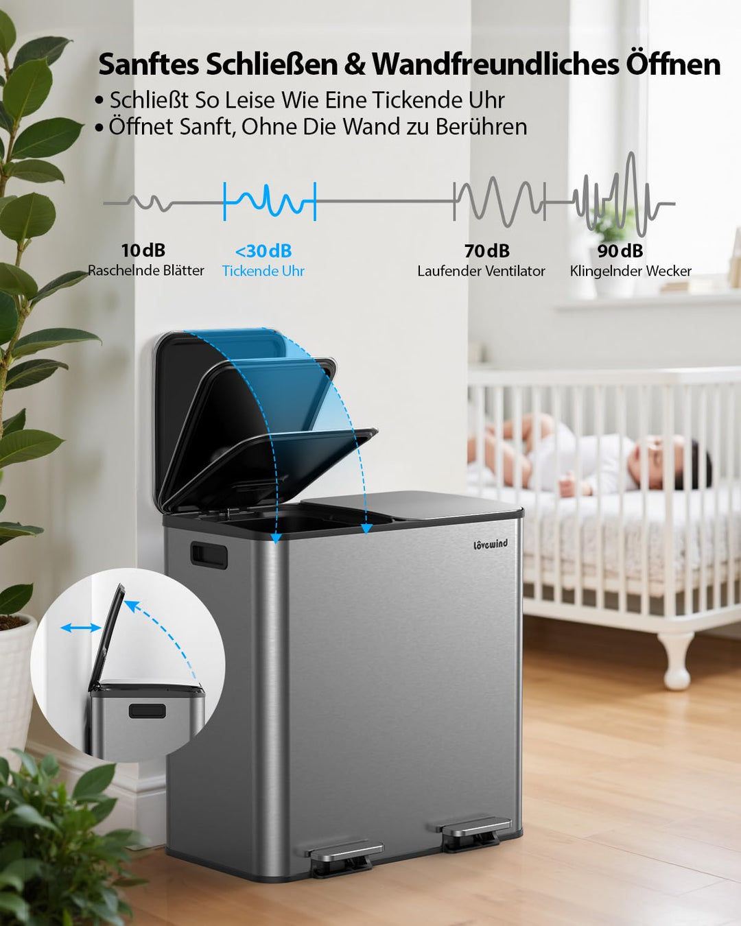 lovewind Mülleimer, 2 x 40L Mülleimer Küche, Doppeleimer für Recycling und Abfall, Silber, Mülleimer