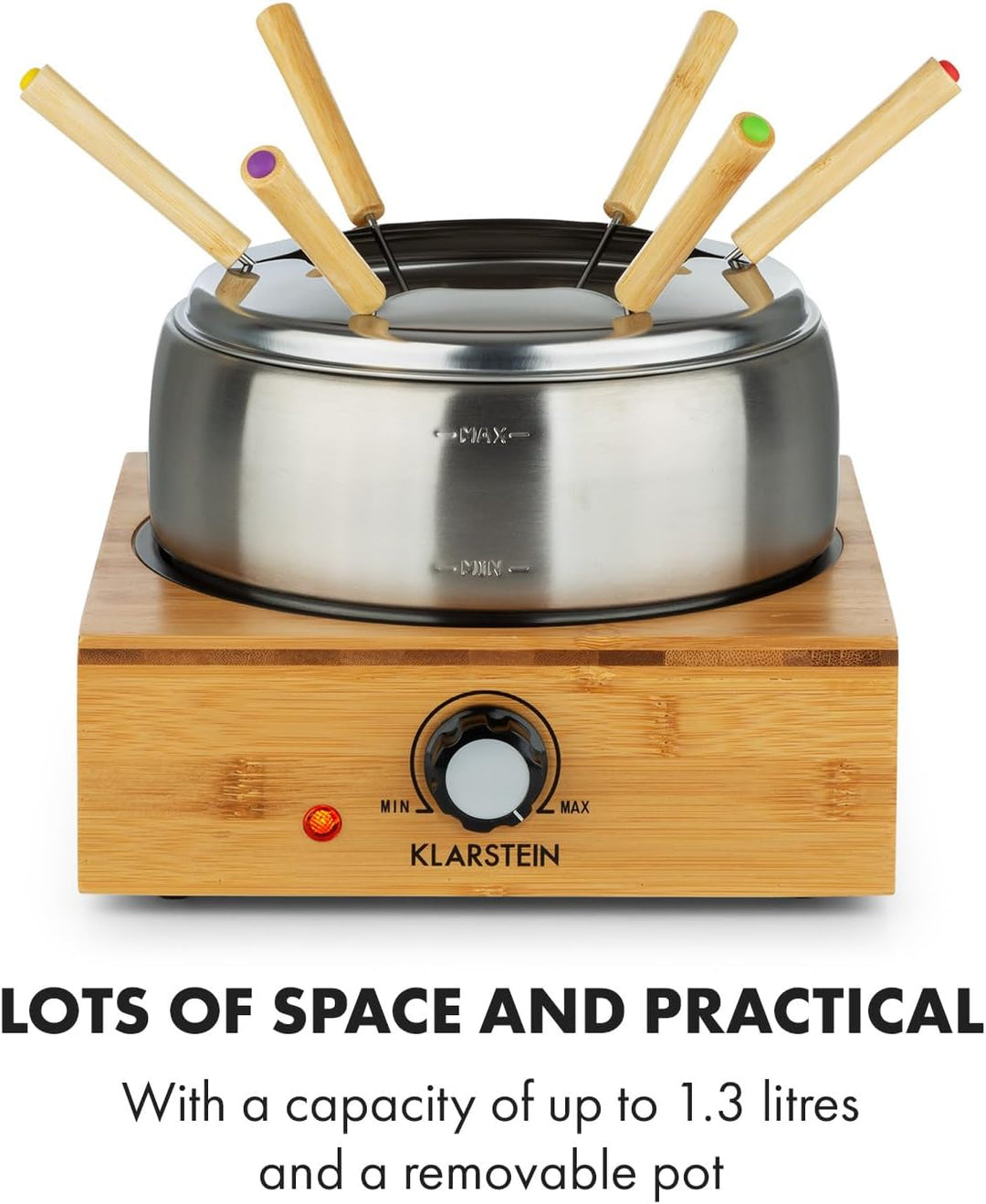 Klarstein Bambus Fondue, 800 Watt, Edelstahl-Topf, Gerätebasis aus Bambus, Füllmenge 1,3 Liter max.,