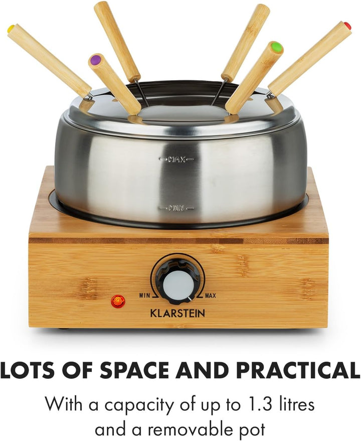 Klarstein Bambus Fondue, 800 Watt, Edelstahl-Topf, Gerätebasis aus Bambus, Füllmenge 1,3 Liter max.,