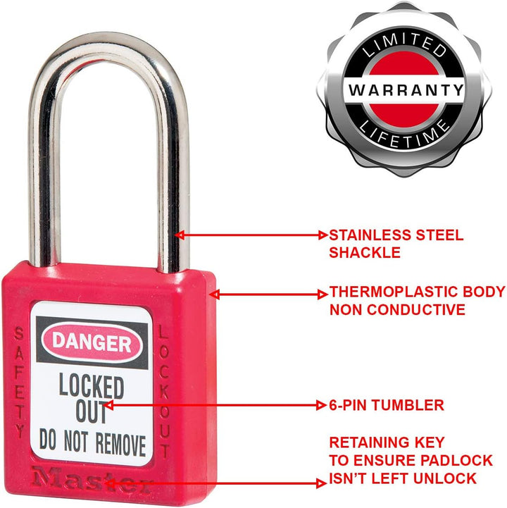 Master Lock 410RED Thermoplastisches Sicherheitsvorhängeschloss für Mechanische Verriegelungen, Rot,