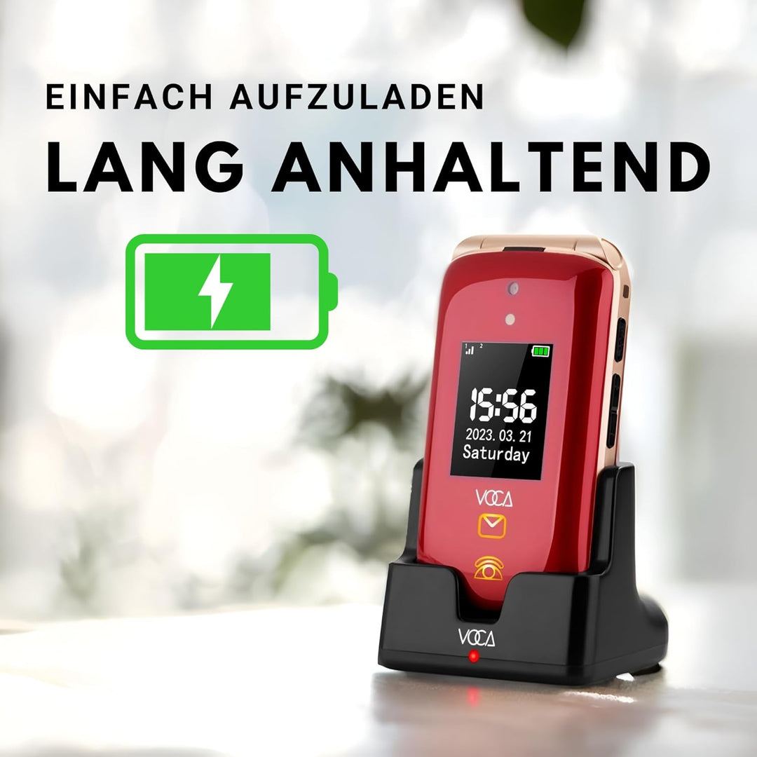VOCA Grosstasten-Klapphandy für Senioren | Dual-Screen | 4G LTE | Lauter Klang | SOS-Taste | Hörgerä
